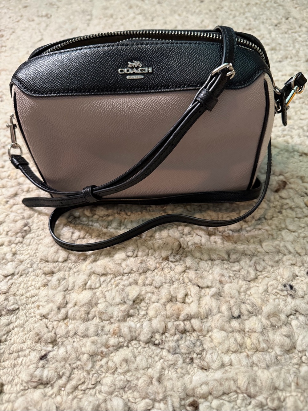Coach Color Block Pebbled Leather Crossbody in Black and Taupe